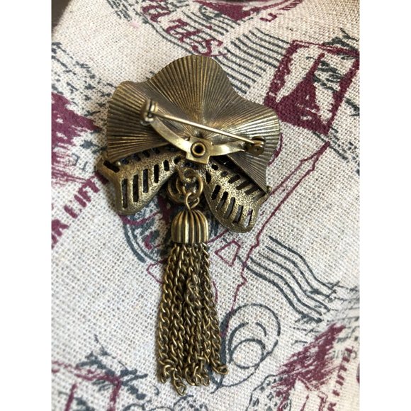 Vintage 1940s Emerald Green Rhinestone Tassel Brooch Pin-up Old Hollywood - Picture 4 of 4